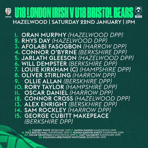 The London Irish U18s are back in action tomorrow!

They take on Bristol Bears U18s at @hazelwood_centre (kick-off 1pm) 👊